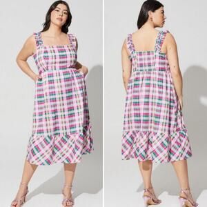 TORRID Poplin Tiered Ruffle Strap Midi Dress Pink/Green Plaid Plus Size 1X